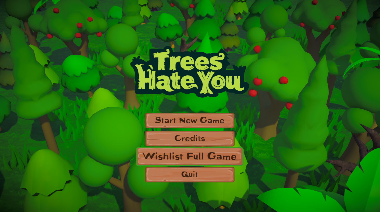The Trees Hate You main menu sets the tone — a dense, angry forest filled with red-eyed trees ready to ruin your day.
